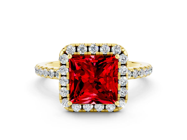 Yellow gold Princess Cut Halo Round Diamond Pavé Band Four-Prong Ring