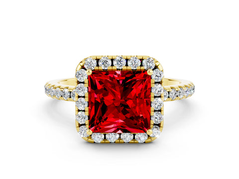 Yellow gold Princess Cut Halo Round Diamond Pavé Band Four-Prong Ring