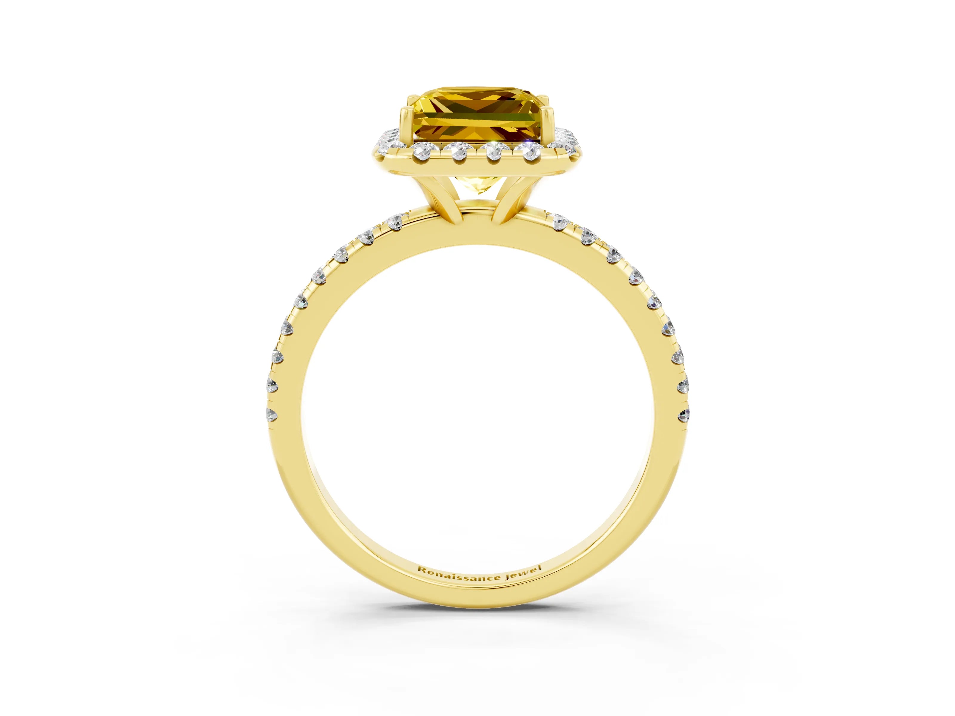 Yellow gold Princess Cut Halo Round Diamond Pavé Band Four-Prong Ring_3