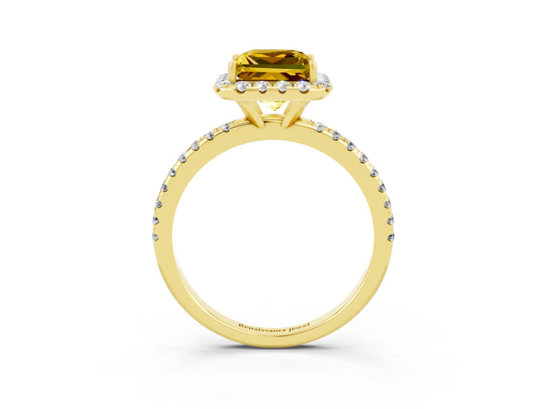 Yellow gold Princess Cut Yellow Sapphire Halo Ring with Round Pavé Band and Prong Setting