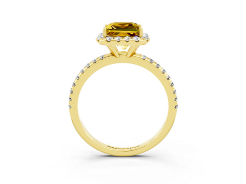Yellow gold Princess Cut Halo Round Diamond Pavé Band Four-Prong Ring_3