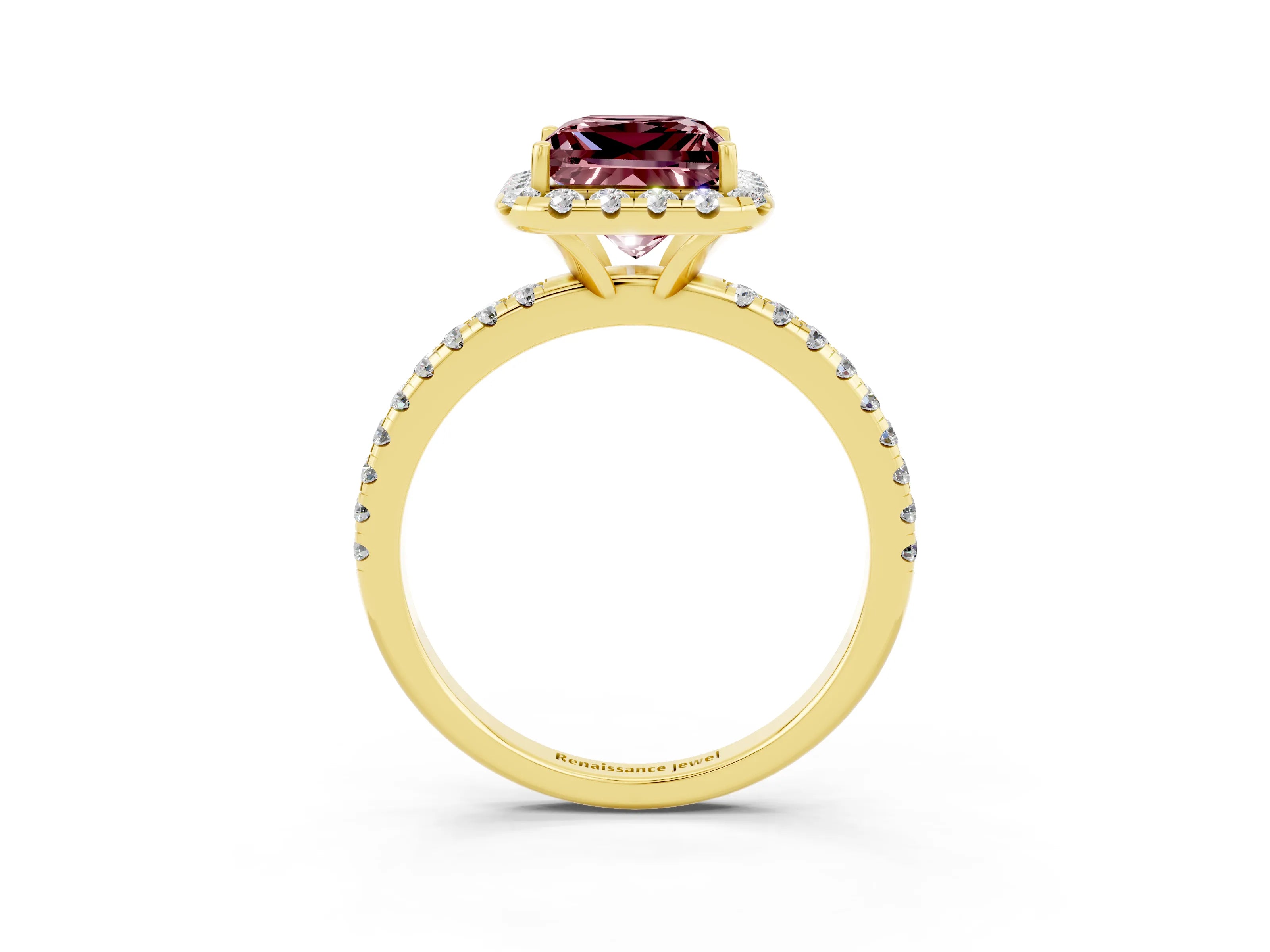 Yellow gold Princess Cut Halo Round Diamond Pavé Band Four-Prong Ring_3