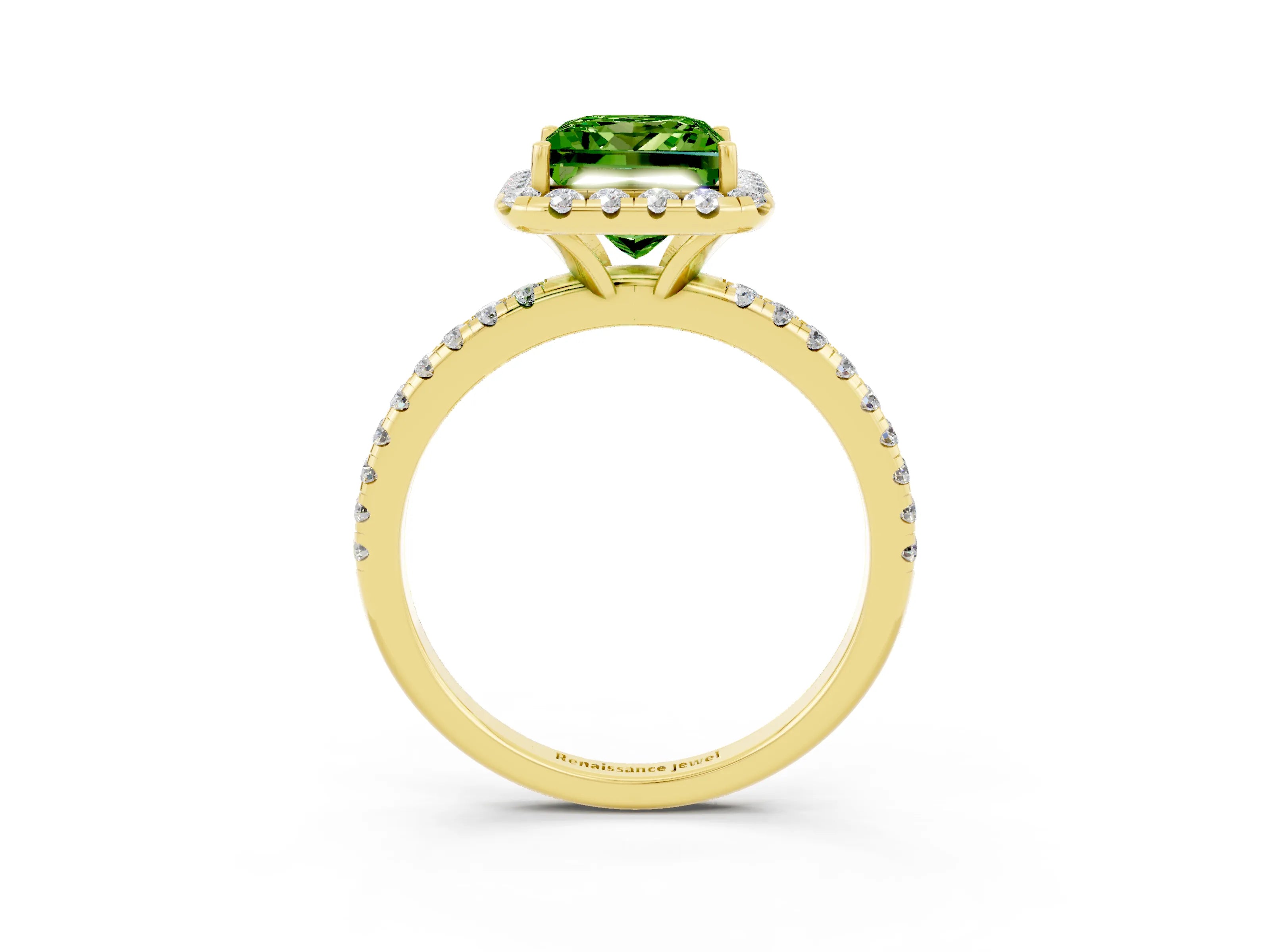 Yellow gold Princess Cut Halo Round Diamond Pavé Band Four-Prong Ring_3