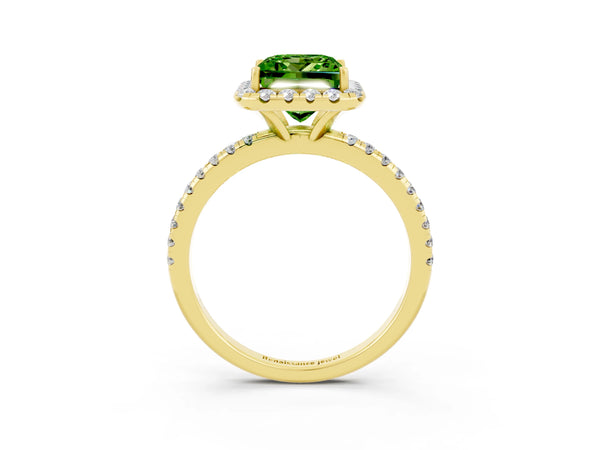 Yellow gold Princess Cut Halo Round Diamond Pavé Band Four-Prong Ring