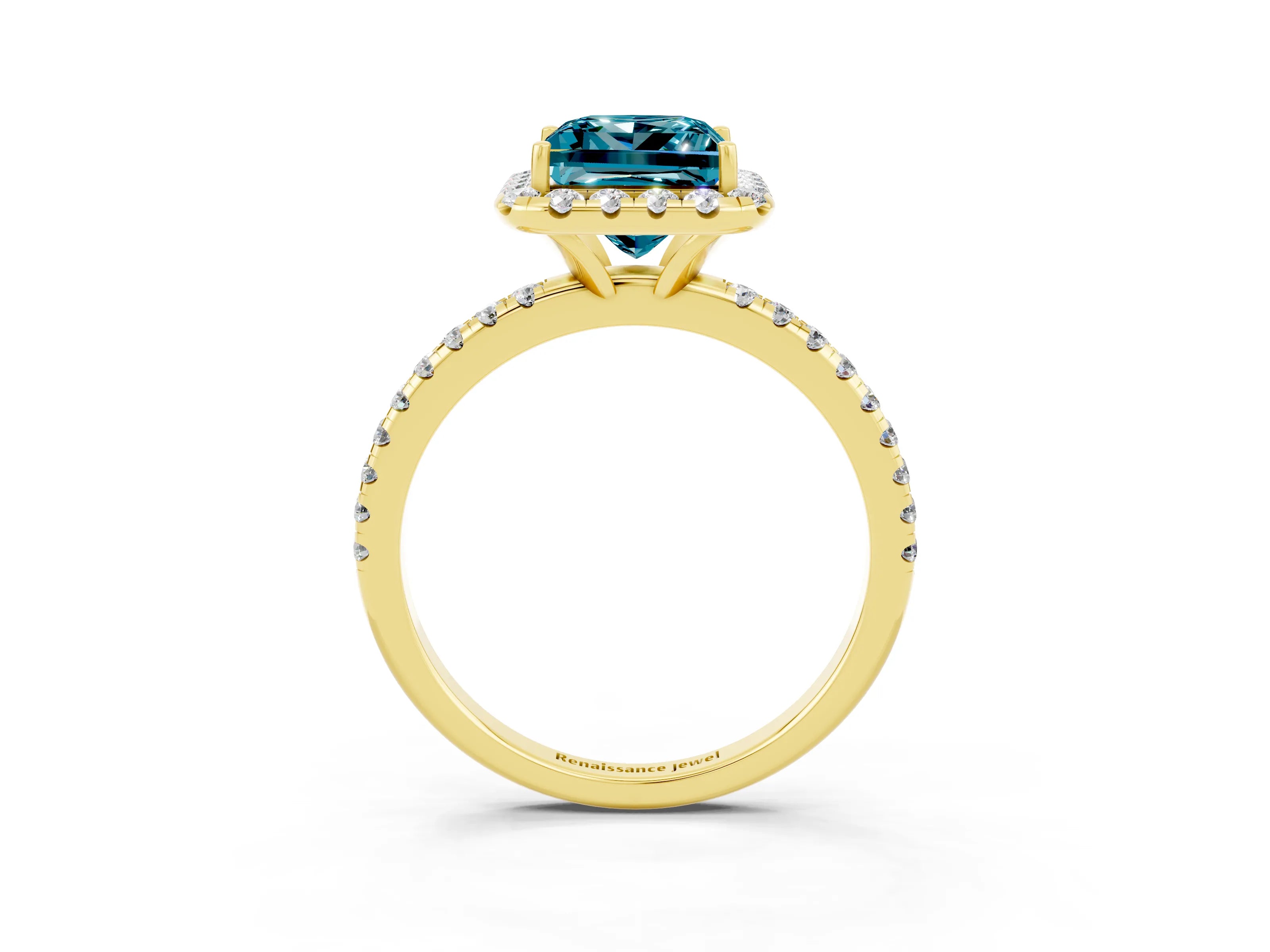 Yellow gold Princess Cut Halo Round Diamond Pavé Band Four-Prong Ring_3
