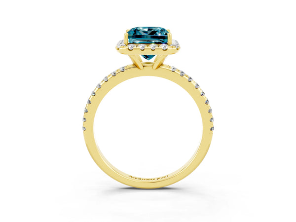Yellow gold Princess Cut Halo Round Diamond Pavé Band Four-Prong Ring