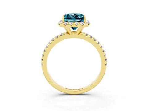Yellow gold Princess Cut Halo Round Diamond Pavé Band Four-Prong Ring_3