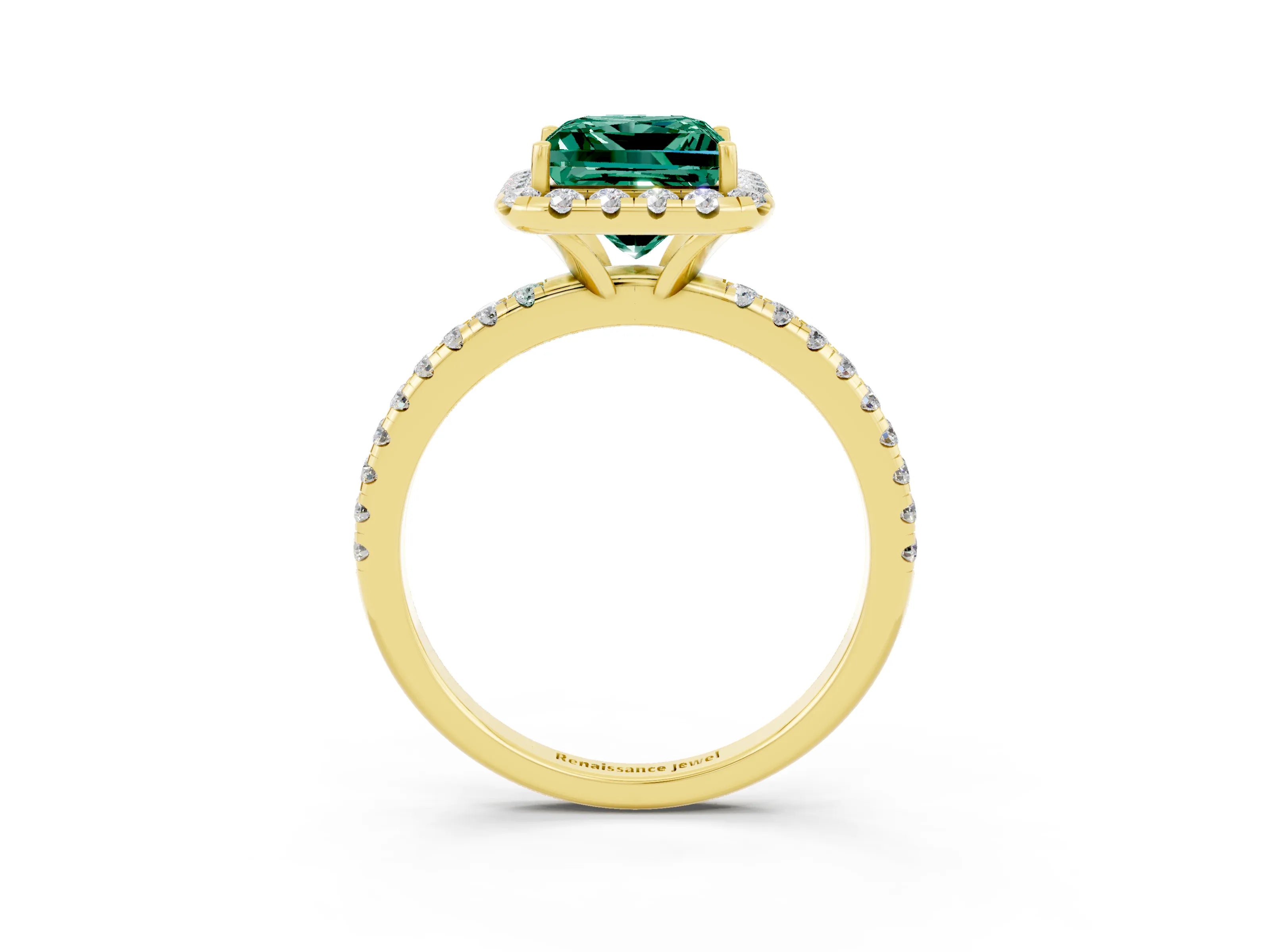 Yellow gold Princess Cut Halo Round Diamond Pavé Band Four-Prong Ring_3