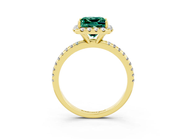 Yellow gold Princess Cut Green Sapphire Halo Ring with Round Pavé Band and Prong Setting