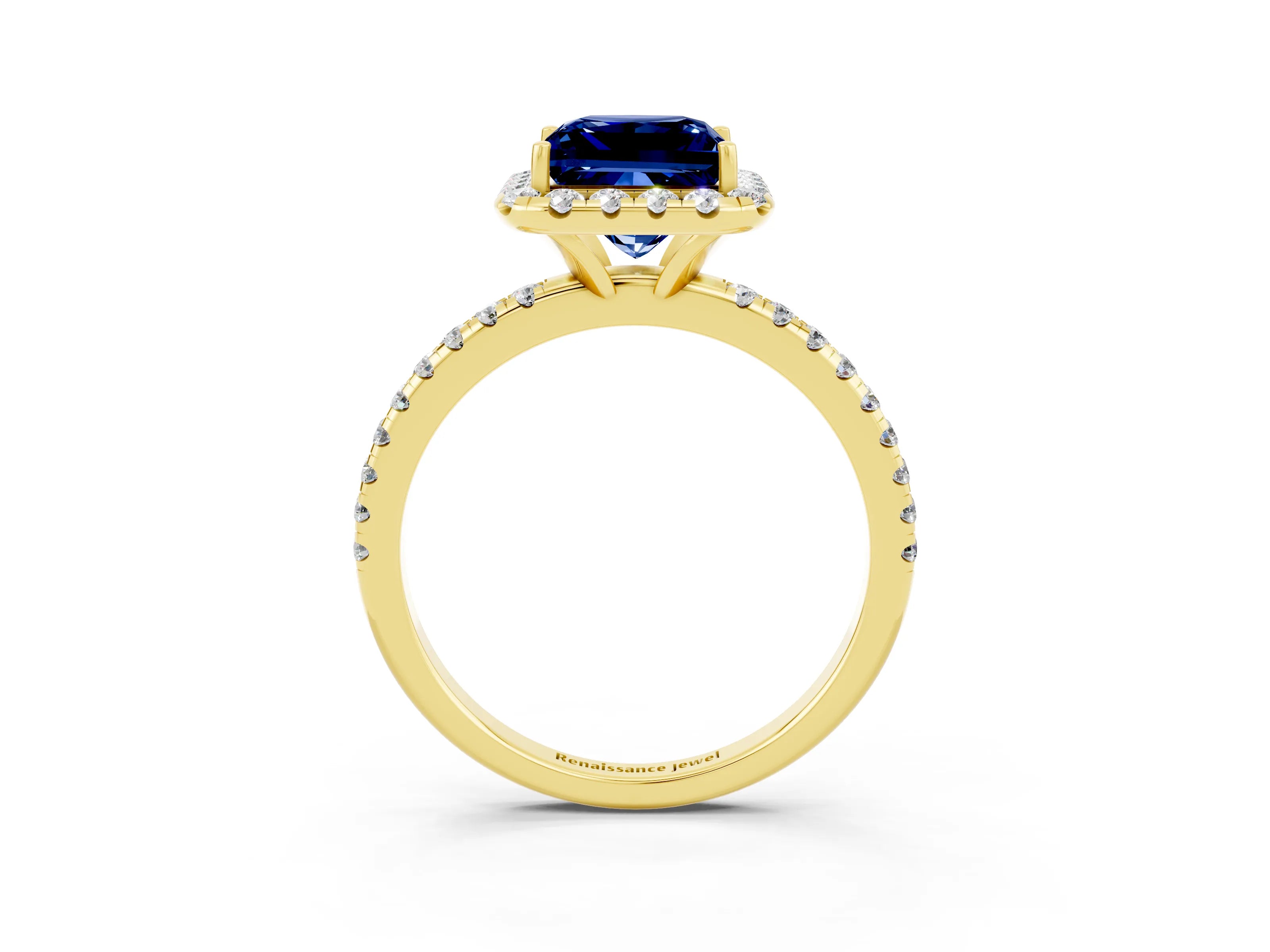 Yellow gold Princess Cut Halo Round Diamond Pavé Band Four-Prong Ring_3