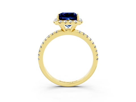 Yellow gold Princess Cut Halo Round Diamond Pavé Band Four-Prong Ring_3