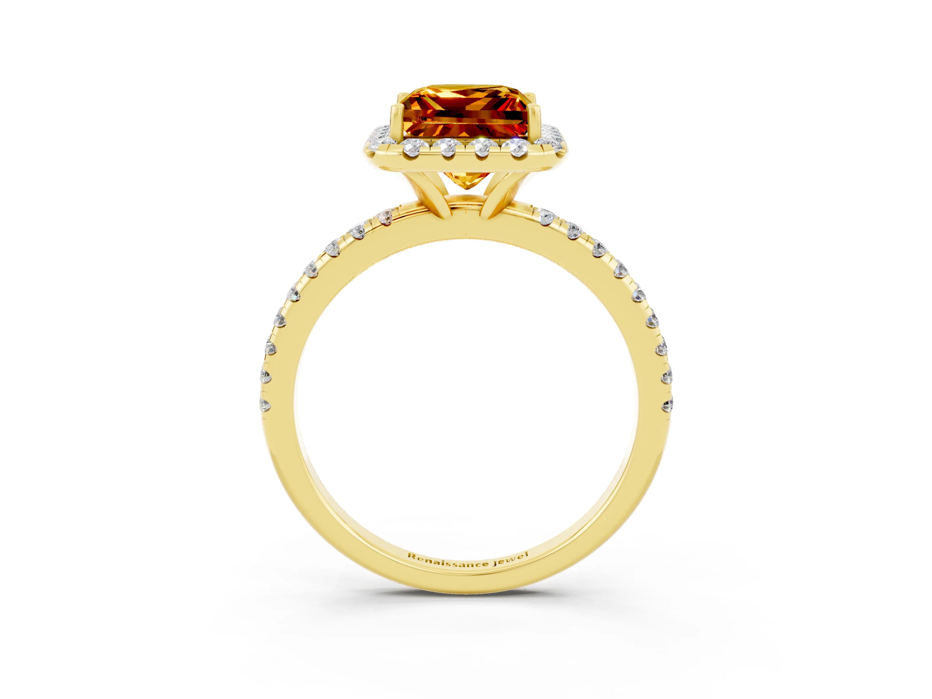 Yellow gold Princess Cut Halo Round Diamond Pavé Band Four-Prong Ring_3