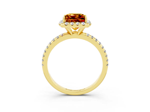 Yellow gold Princess Cut Citrine Halo Ring with Round Pavé Band and Prong Setting