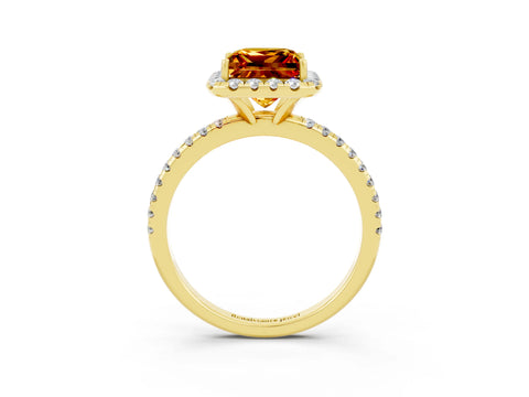 Yellow gold Princess Cut Halo Round Diamond Pavé Band Four-Prong Ring_3