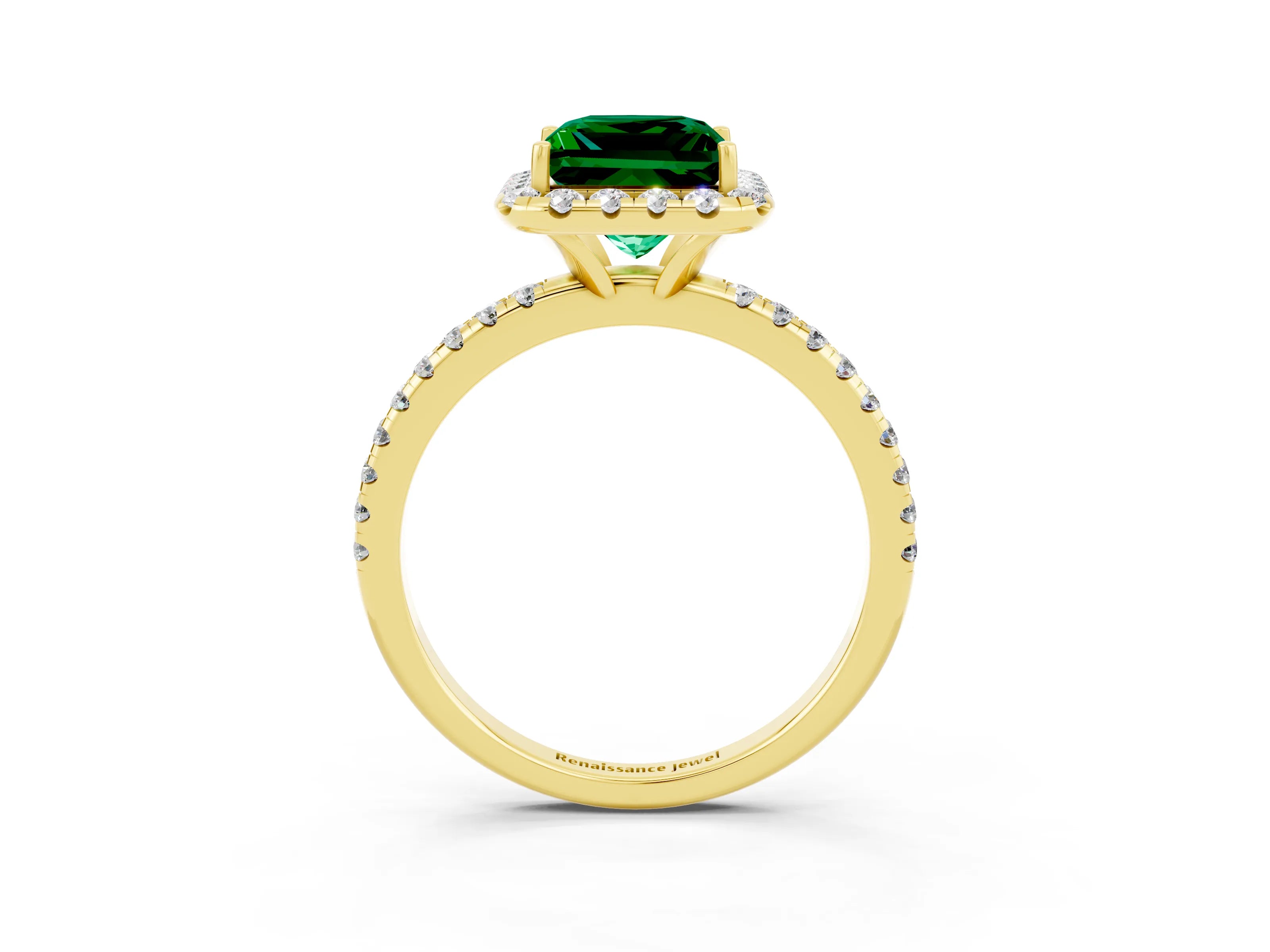Yellow gold Princess Cut Halo Round Diamond Pavé Band Four-Prong Ring_3