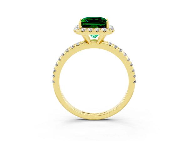 Yellow gold Princess Cut Emerald Halo Ring with Round Pavé Band and Prong Setting