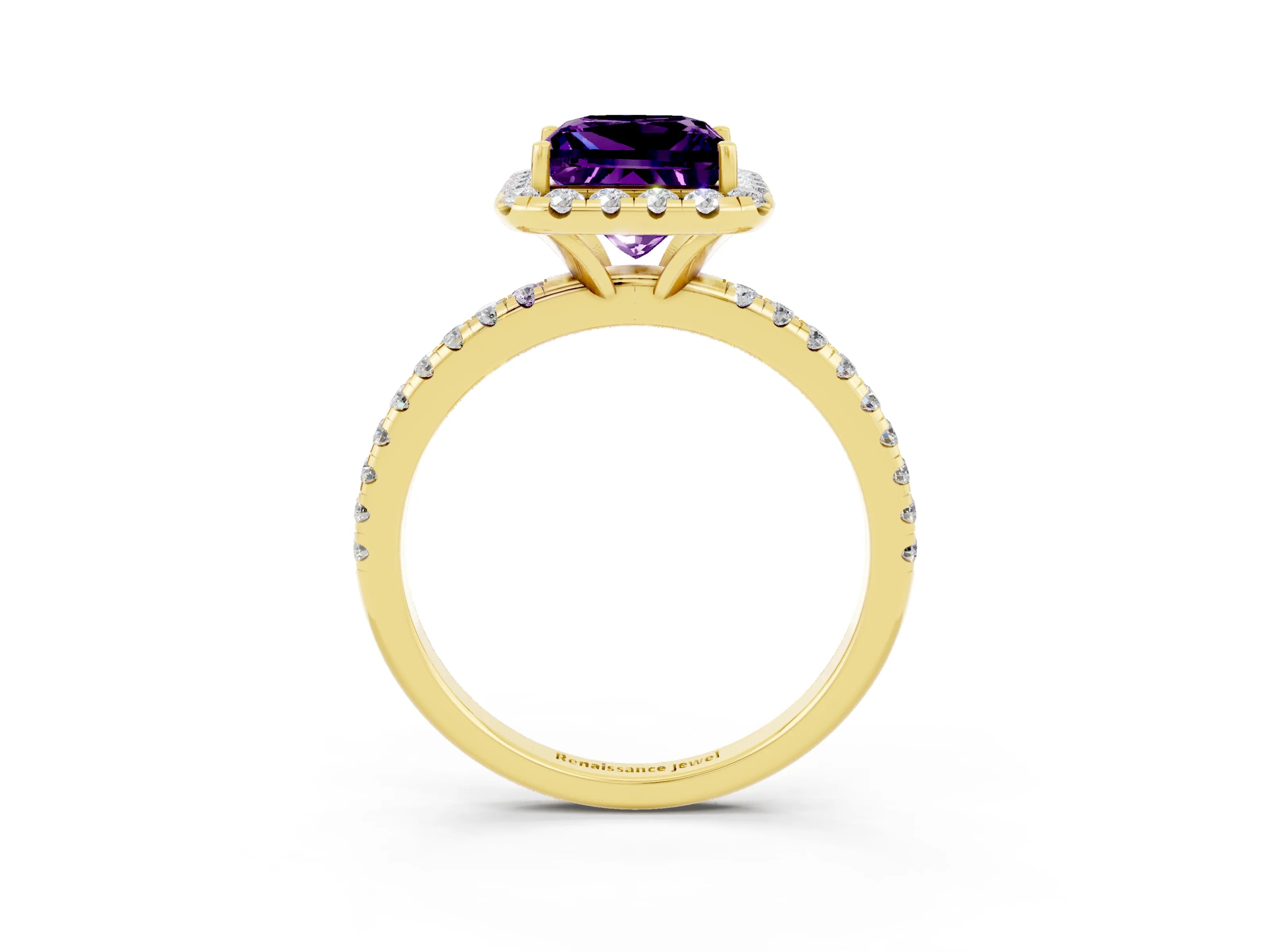 Yellow gold Princess Cut Halo Round Diamond Pavé Band Four-Prong Ring_3