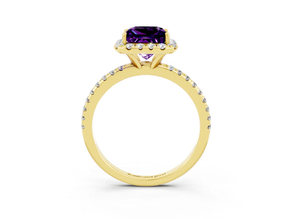 Yellow gold Princess Cut Amethyst Halo Ring with Round Pavé Band and Prong Setting