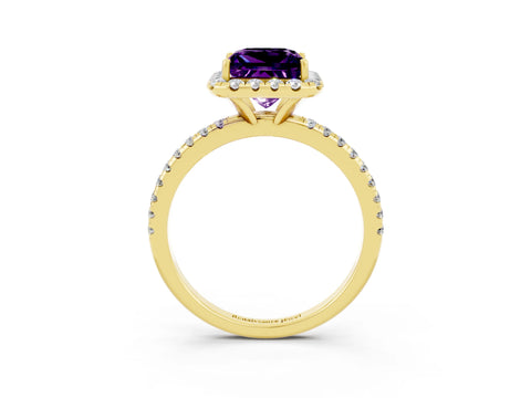 Yellow gold Princess Cut Halo Round Diamond Pavé Band Four-Prong Ring_3