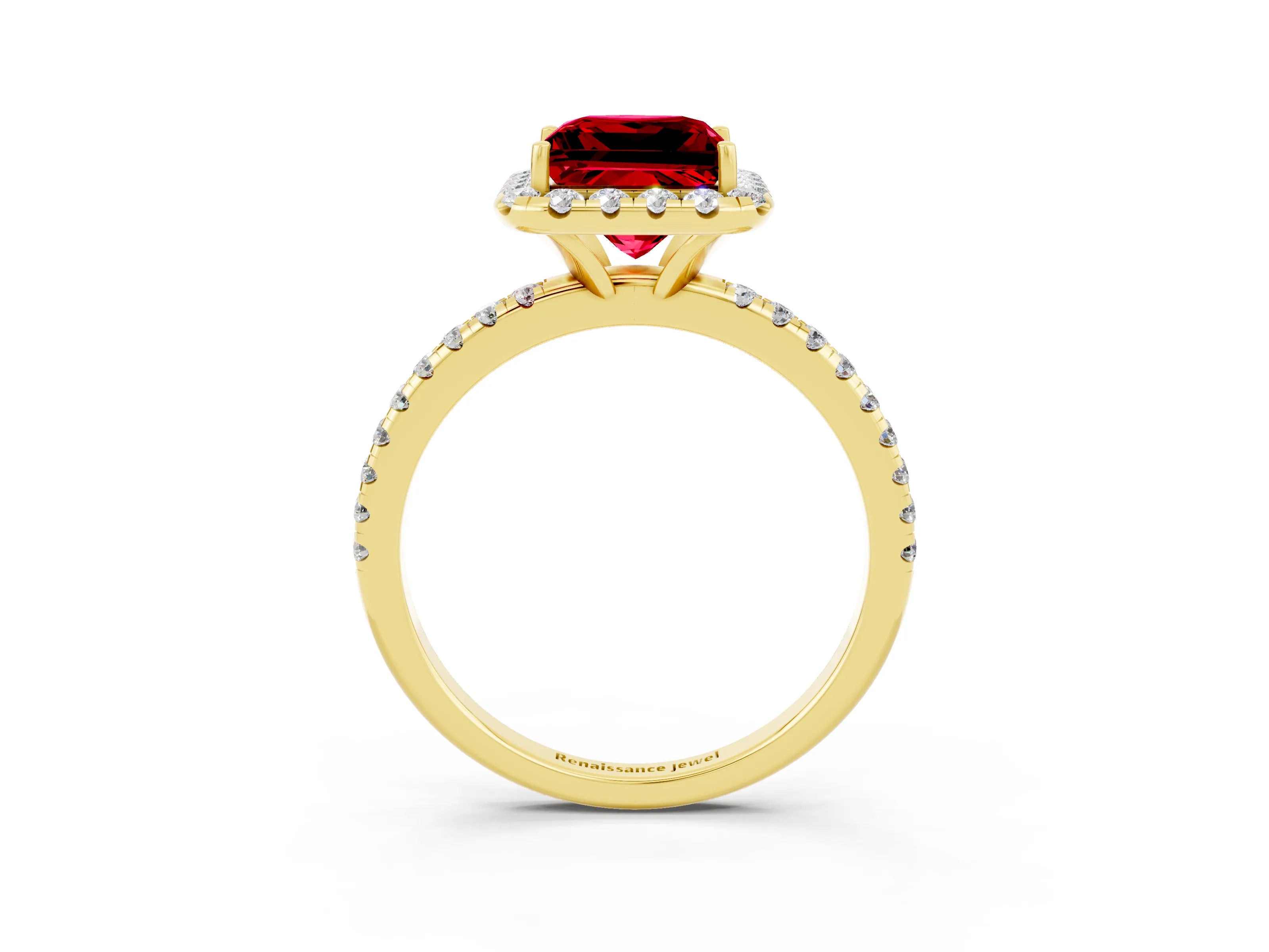 Yellow gold Princess Cut Halo Round Diamond Pavé Band Four-Prong Ring_3