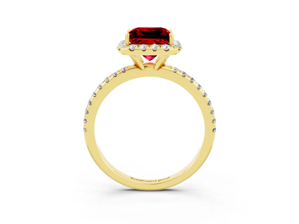 Yellow gold Princess Cut Halo Round Diamond Pavé Band Four-Prong Ring