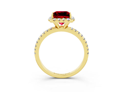 Yellow gold Princess Cut Halo Round Diamond Pavé Band Four-Prong Ring_3
