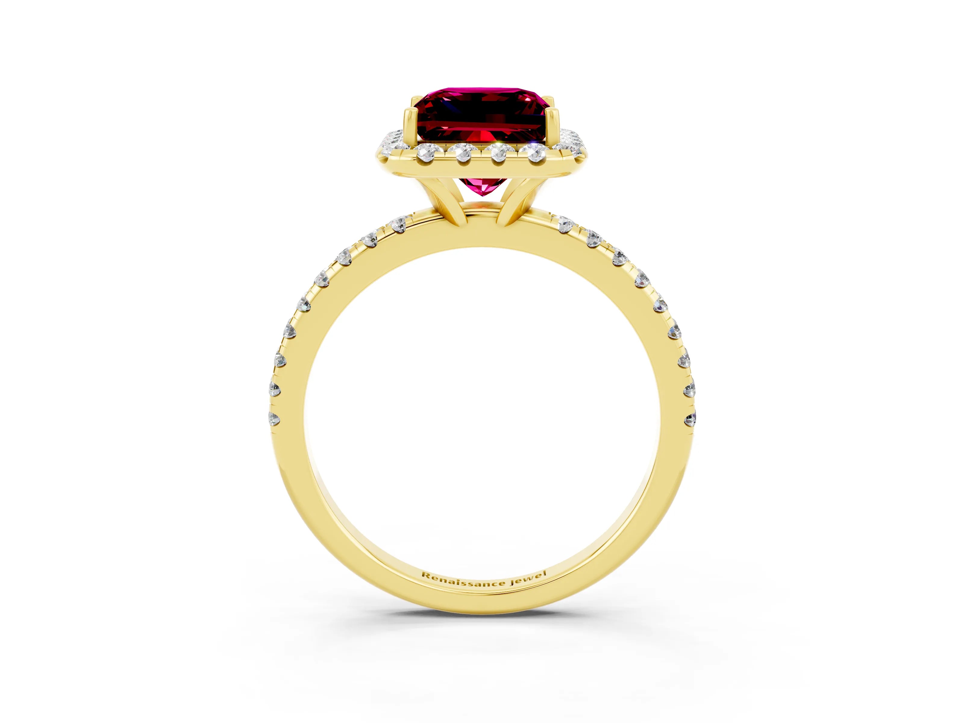 Yellow gold Princess Cut Halo Round Diamond Pavé Band Four-Prong Ring_3