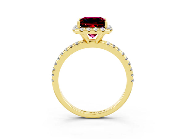 Yellow gold Princess Cut Garnet Halo Ring with Round Pavé Band and Prong Setting