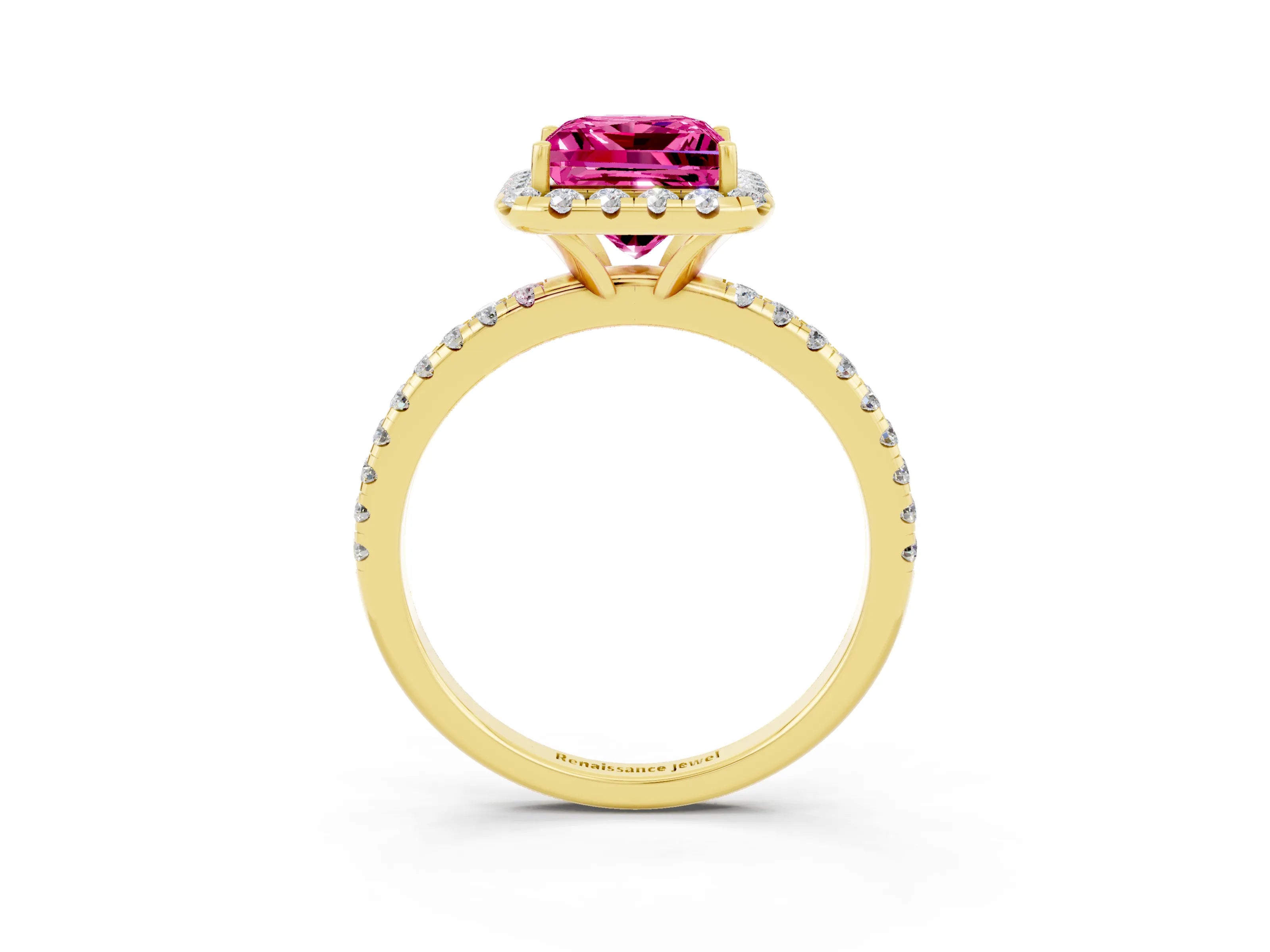 Yellow gold Princess Cut Halo Round Diamond Pavé Band Four-Prong Ring_3