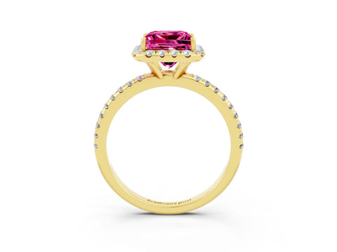 Yellow gold Princess Cut Halo Round Diamond Pavé Band Four-Prong Ring_3