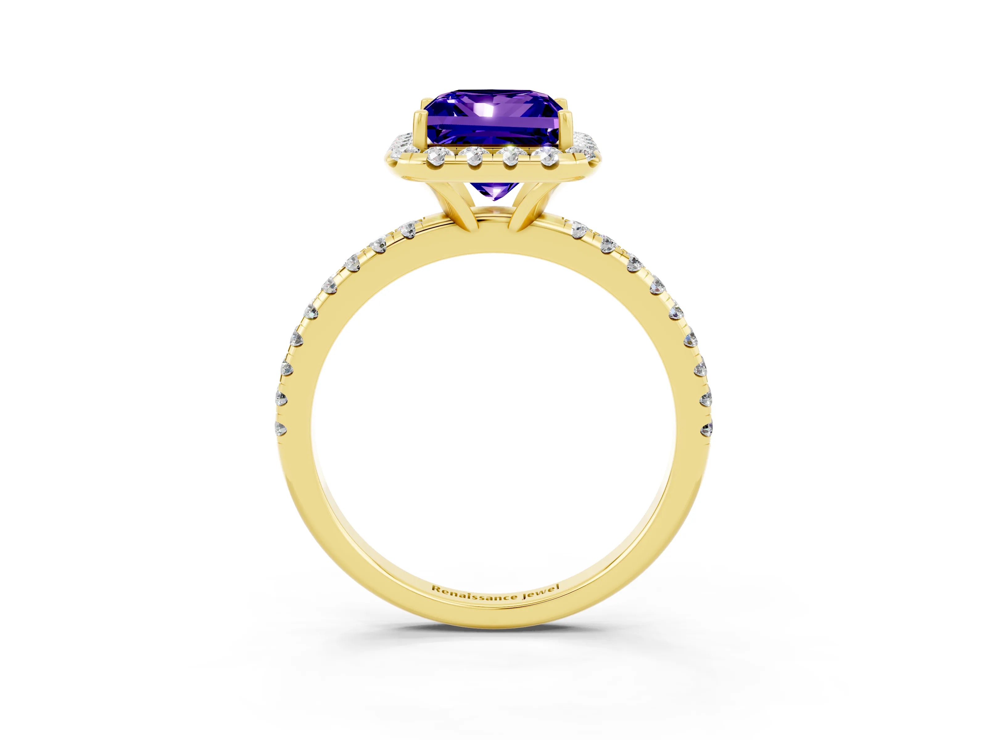 Yellow gold Princess Cut Halo Round Diamond Pavé Band Four-Prong Ring_3