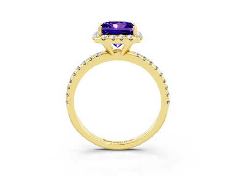Yellow gold Princess Cut Halo Round Diamond Pavé Band Four-Prong Ring_3