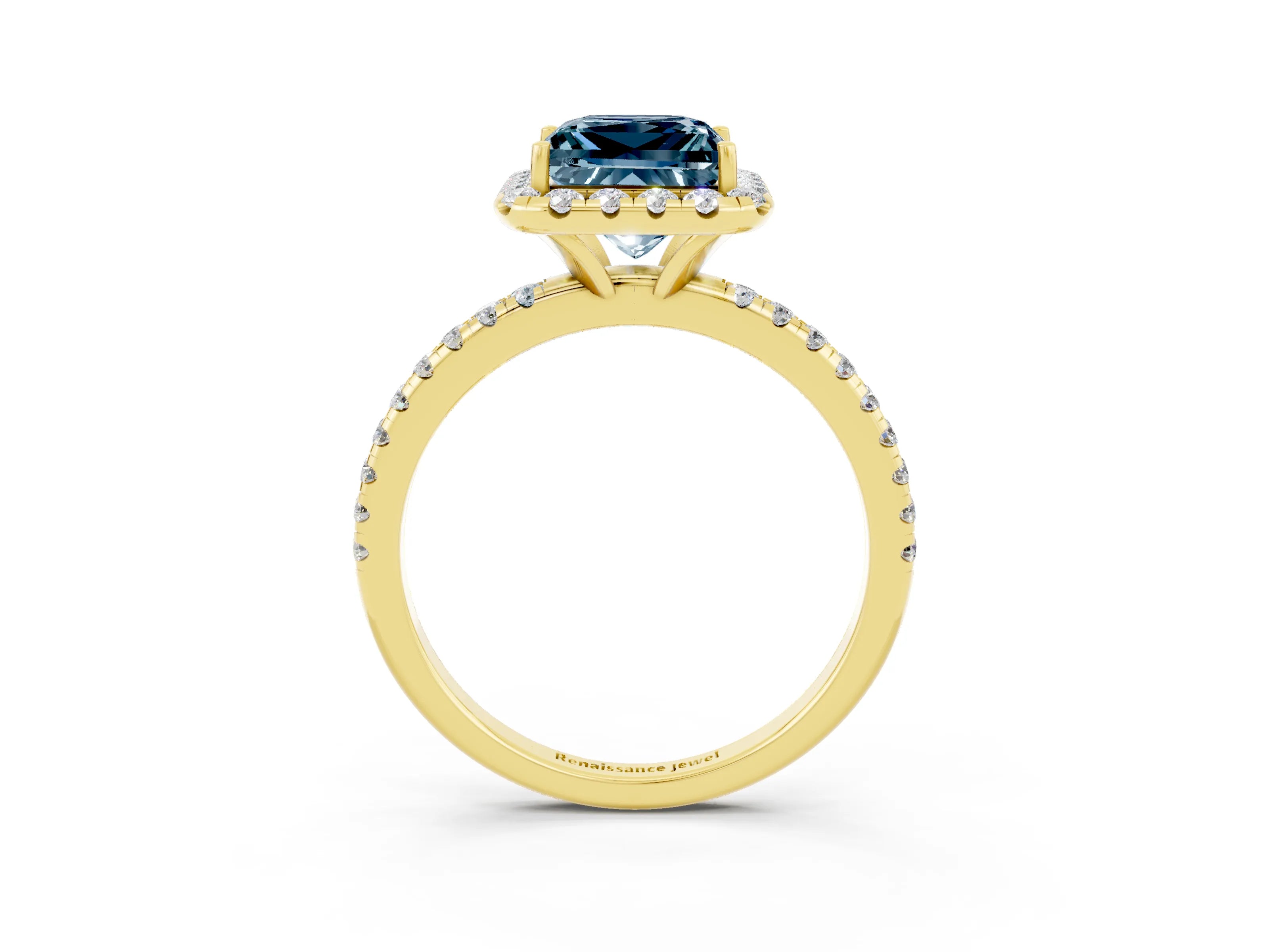 Yellow gold Princess Cut Halo Round Diamond Pavé Band Four-Prong Ring_3