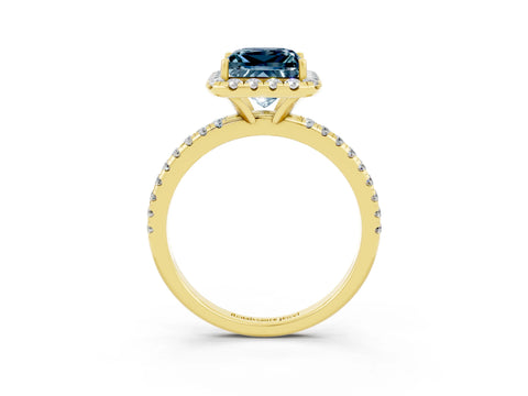 Yellow gold Princess Cut Halo Round Diamond Pavé Band Four-Prong Ring_3
