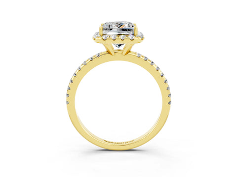 Yellow gold Princess Cut Halo Round Diamond Pavé Band Four-Prong Ring_3