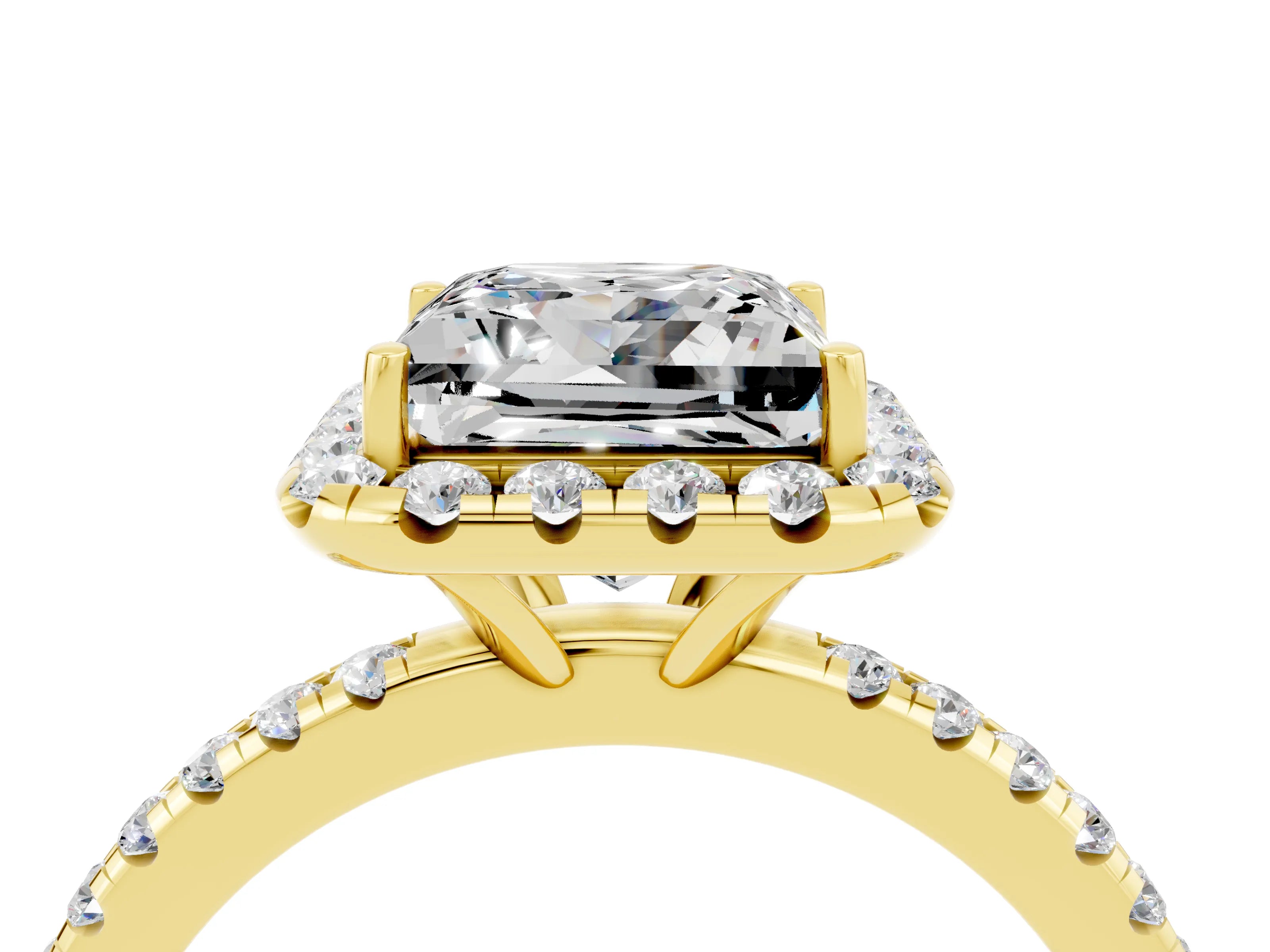 Yellow gold Princess Cut Halo Round Diamond Pavé Band Four-Prong Ring_4