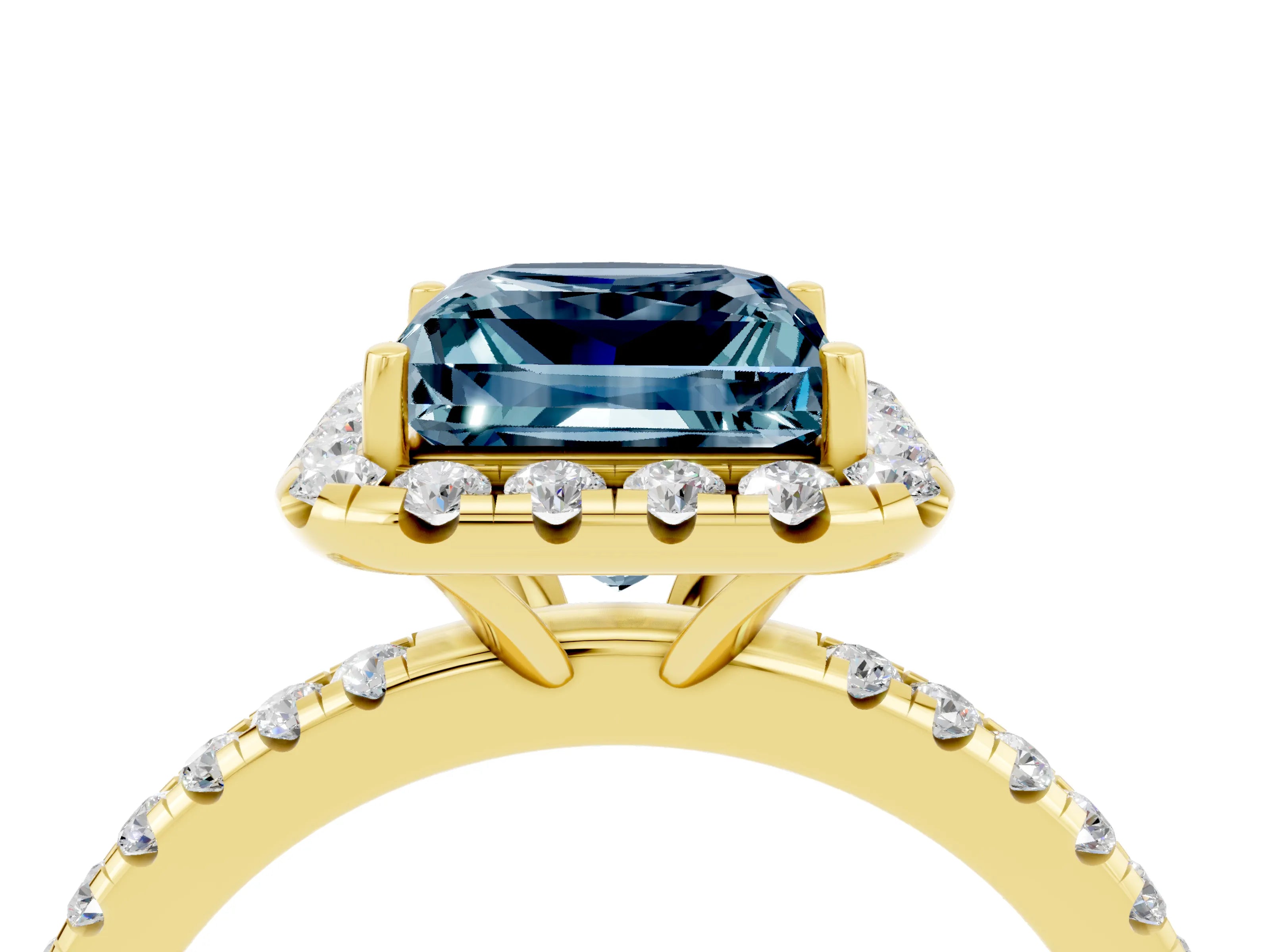 Yellow gold Princess Cut Halo Round Diamond Pavé Band Four-Prong Ring_4