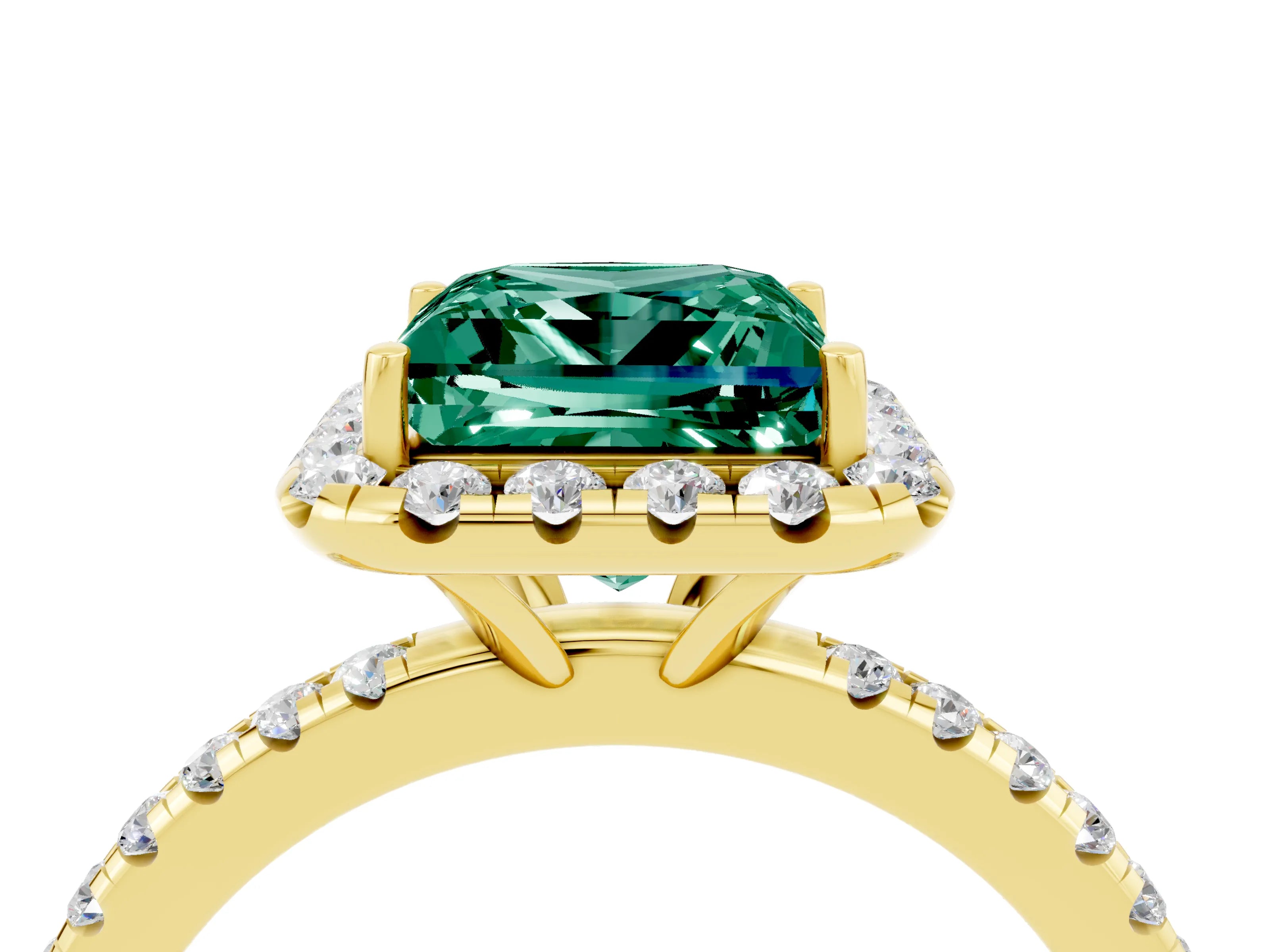 Yellow gold Princess Cut Halo Round Diamond Pavé Band Four-Prong Ring_4