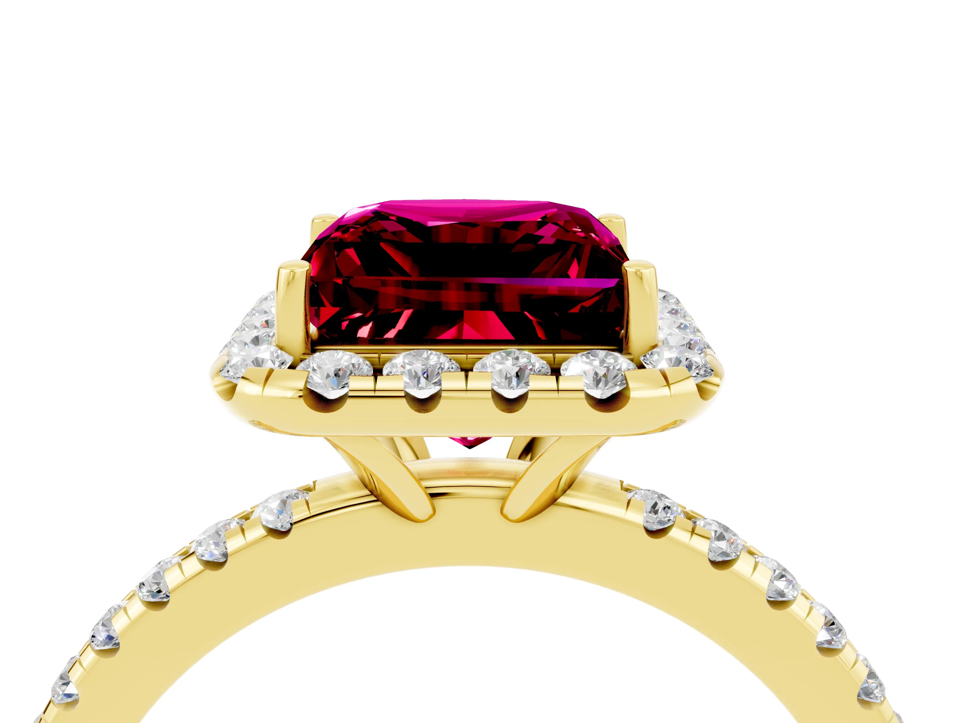 Yellow gold Princess Cut Halo Round Diamond Pavé Band Four-Prong Ring_4
