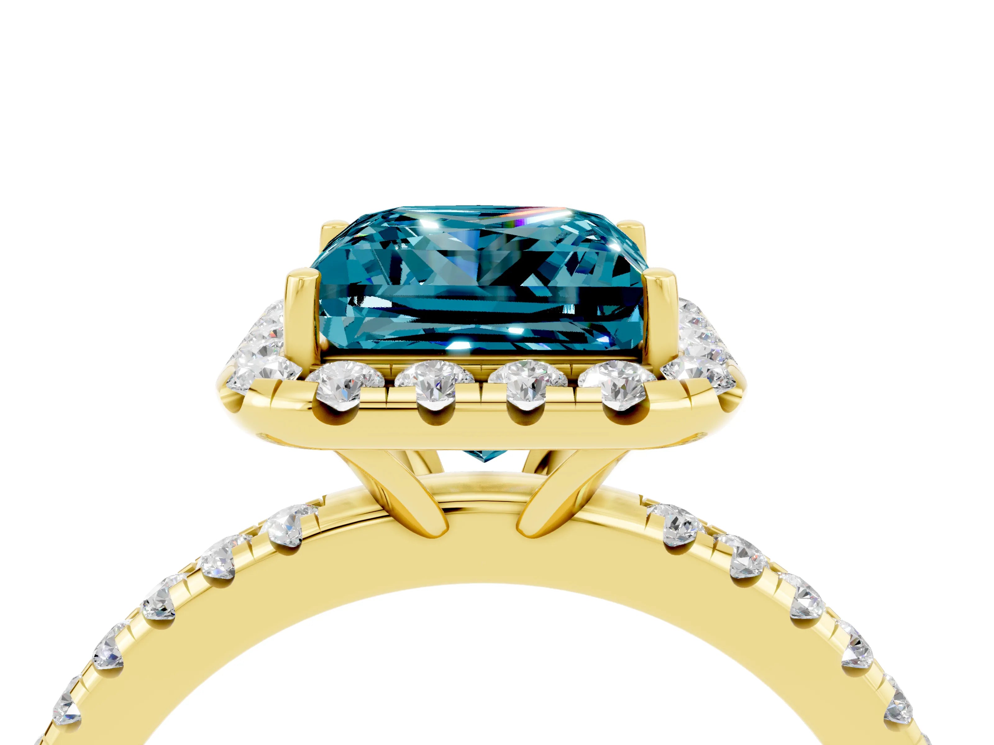 Yellow gold Princess Cut Halo Round Diamond Pavé Band Four-Prong Ring_4