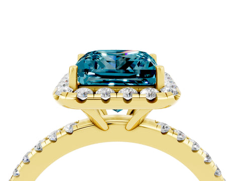 Yellow gold Princess Cut Halo Round Diamond Pavé Band Four-Prong Ring_4