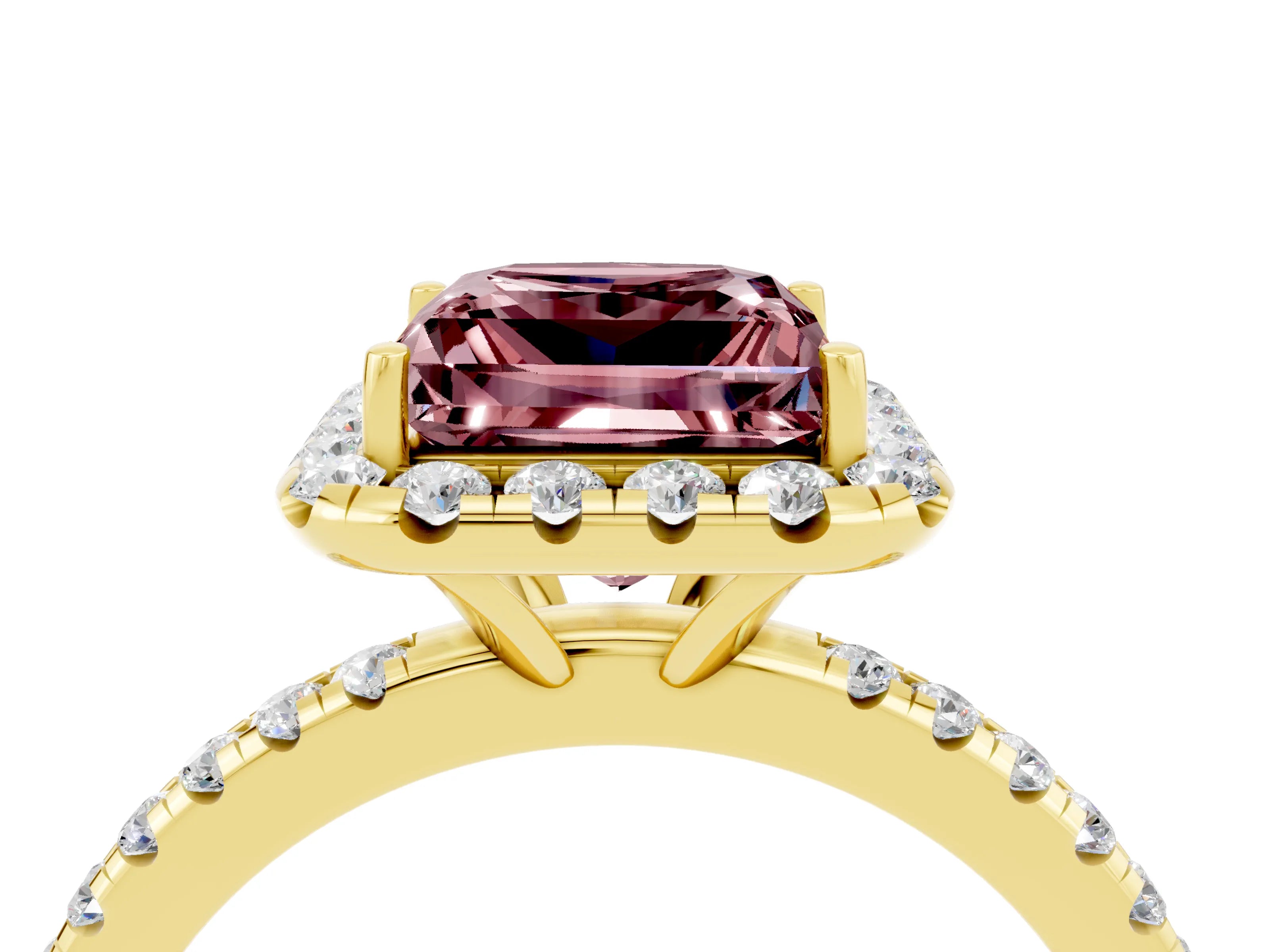 Yellow gold Princess Cut Halo Round Diamond Pavé Band Four-Prong Ring_4