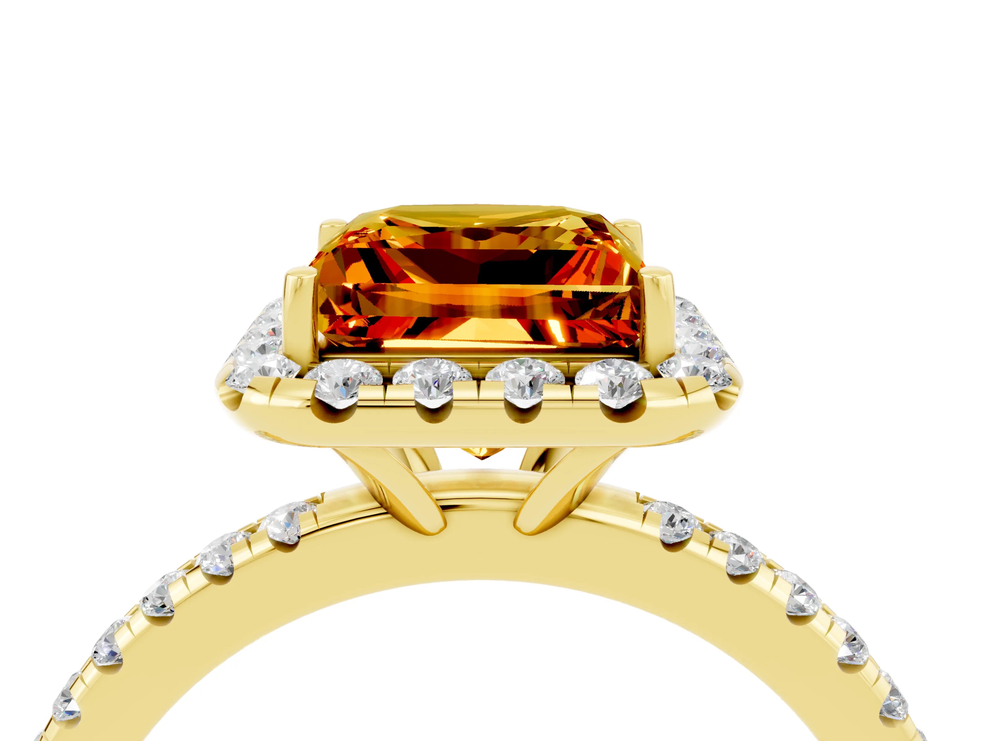 Yellow gold Princess Cut Halo Round Diamond Pavé Band Four-Prong Ring_4