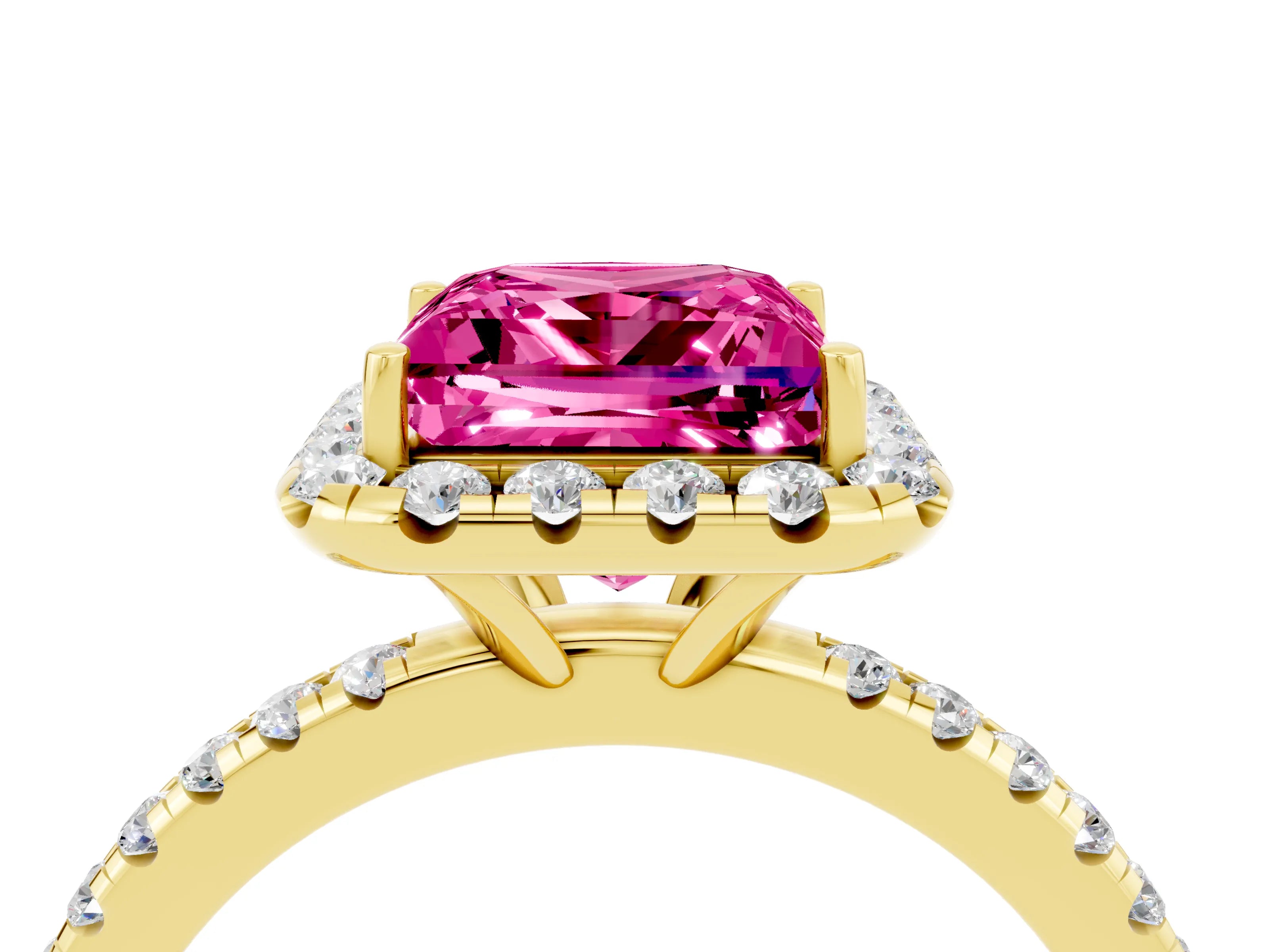 Yellow gold Princess Cut Halo Round Diamond Pavé Band Four-Prong Ring_4