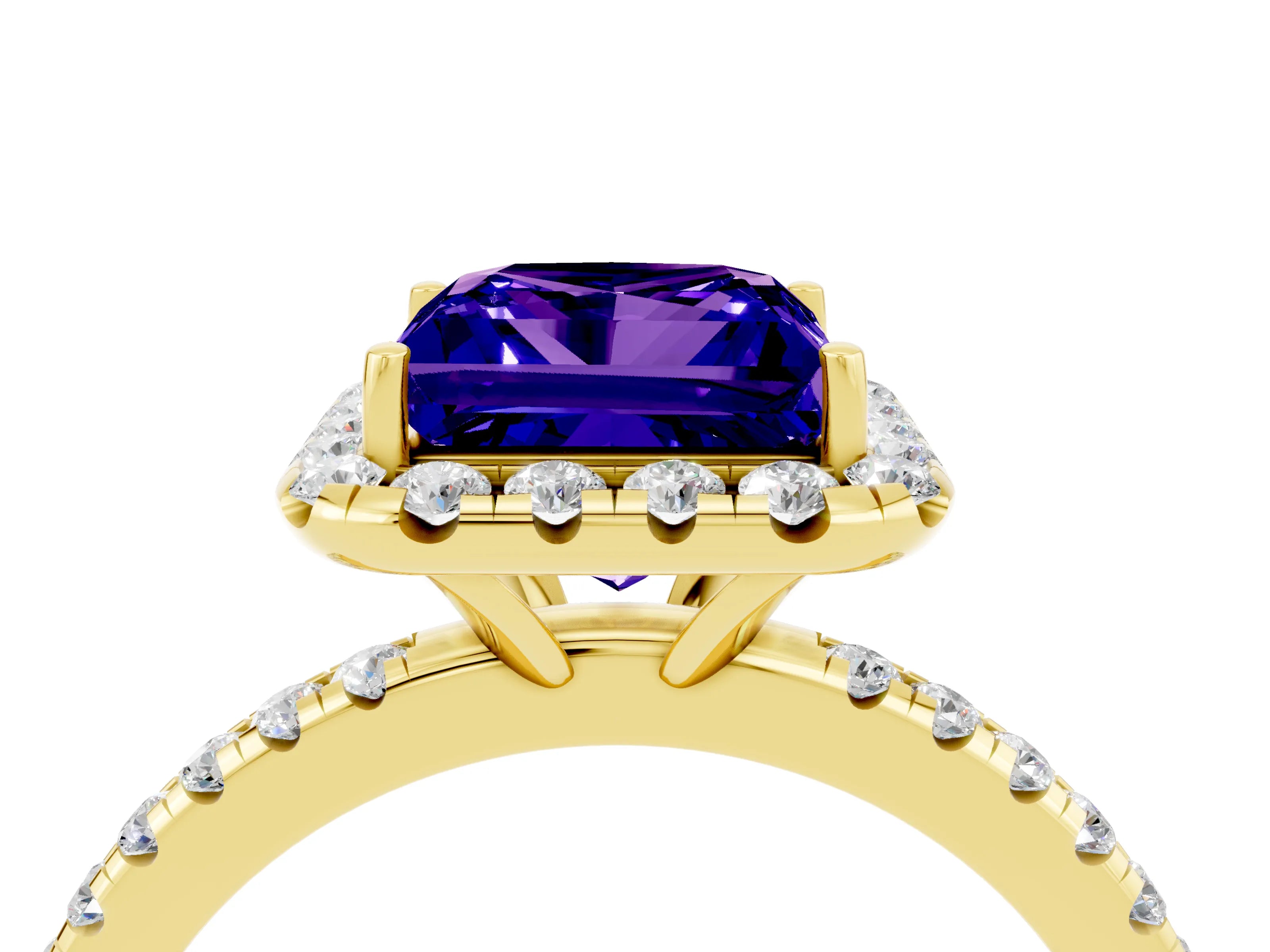 Yellow gold Princess Cut Halo Round Diamond Pavé Band Four-Prong Ring_4