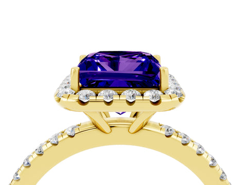 Yellow gold Princess Cut Halo Round Diamond Pavé Band Four-Prong Ring_4