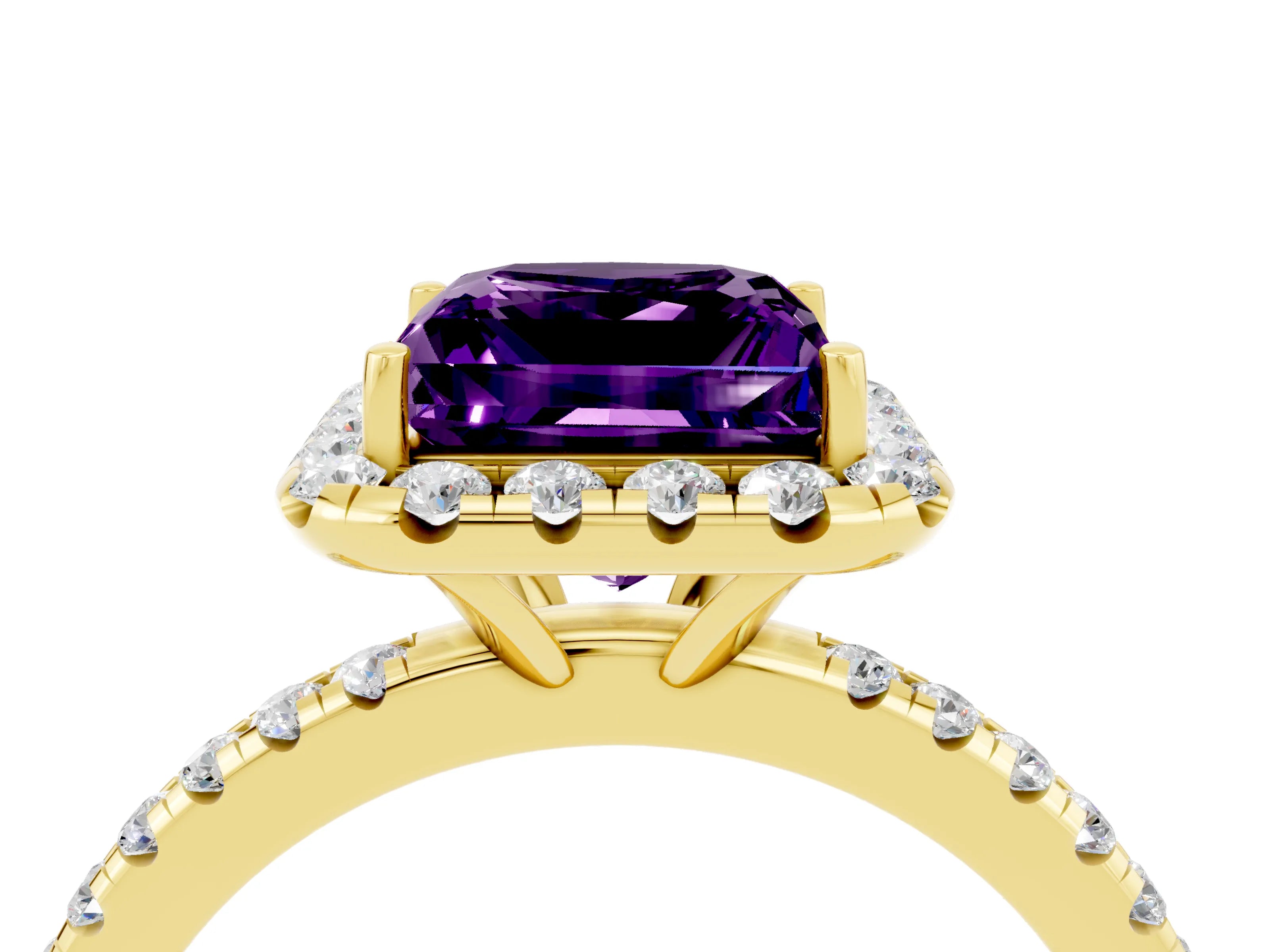 Yellow gold Princess Cut Halo Round Diamond Pavé Band Four-Prong Ring_4