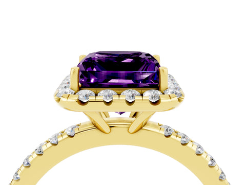 Yellow gold Princess Cut Halo Round Diamond Pavé Band Four-Prong Ring_4