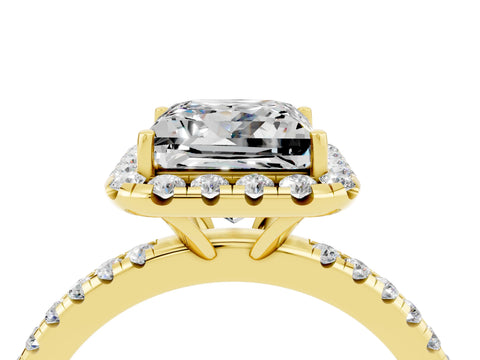 Yellow gold Princess Cut Halo Round Diamond Pavé Band Four-Prong Ring_4