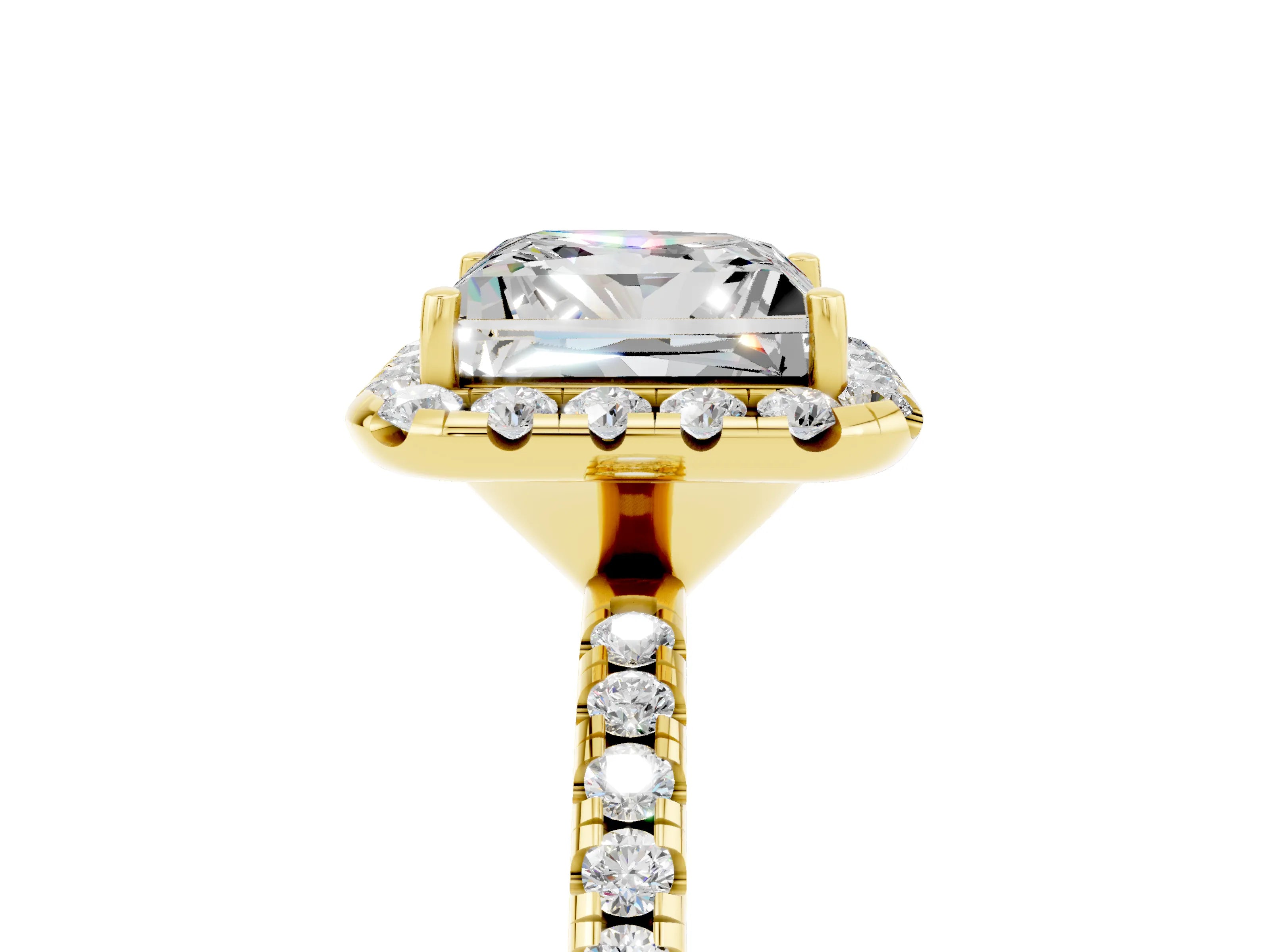 Yellow gold Princess Cut Halo Round Diamond Pavé Band Four-Prong Ring_5